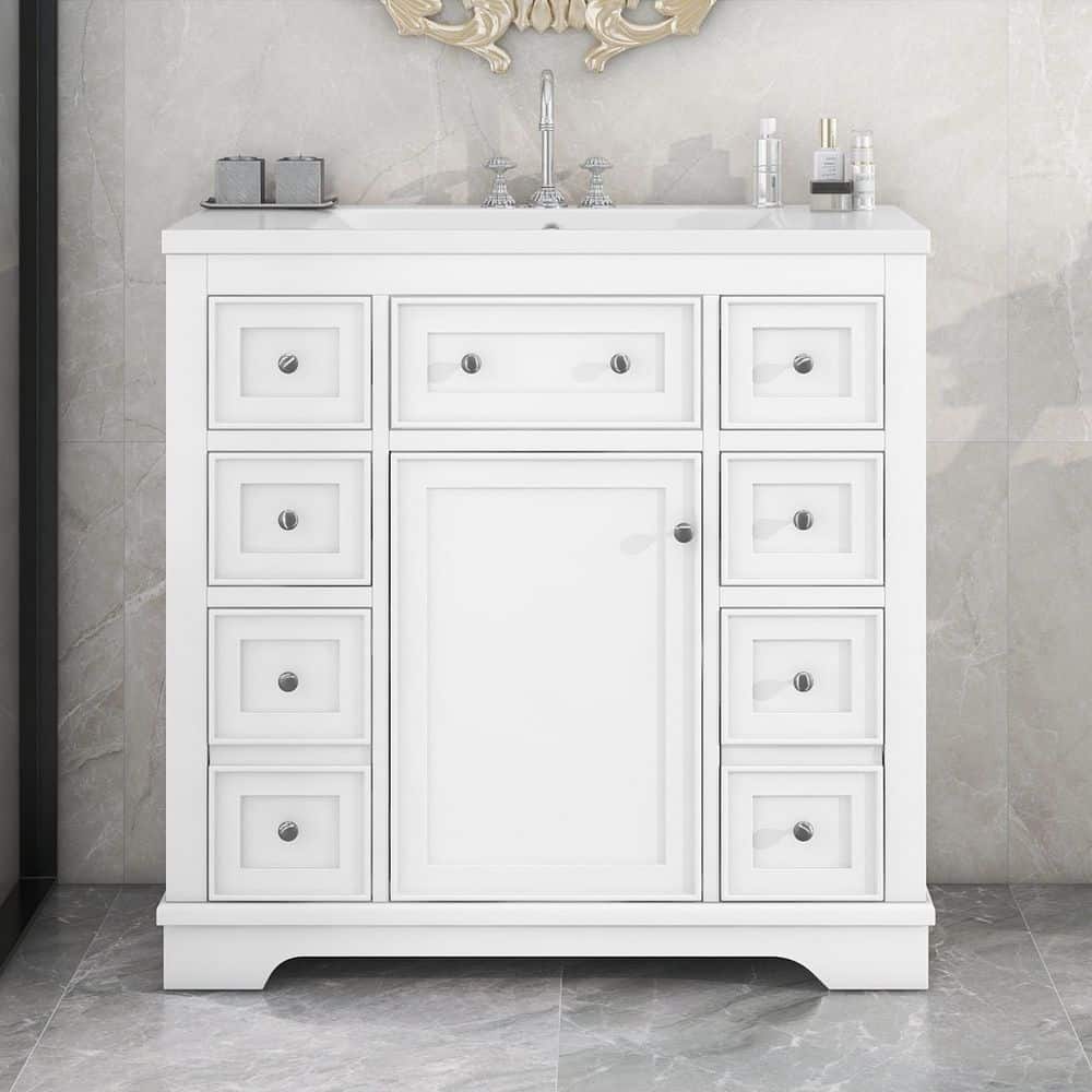 36 in. W x 18 in. D x 34.5 in. H Single Sink Freestanding Bath Vanity in White with White Ceramic Top and Basin price history on PriceWatchPro