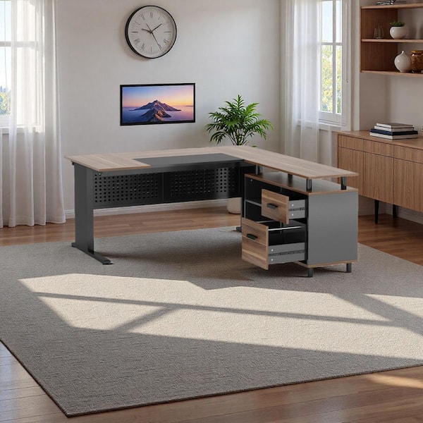 Tribesigns 63 in. Brown L Shaped Computer Desk with Drawers and