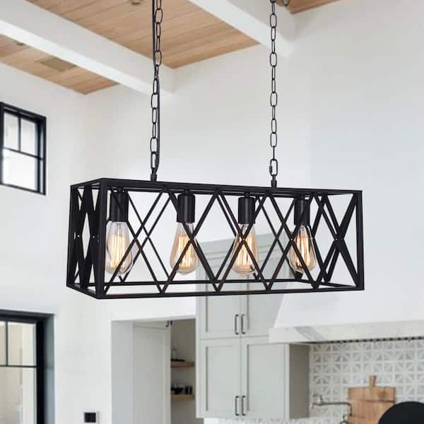 HUOKU LIBERTAB 4-Light Linear Farmhouse Black Cage Kitchen Island Dining Room Chandelier Pendant with Rectangle Frame