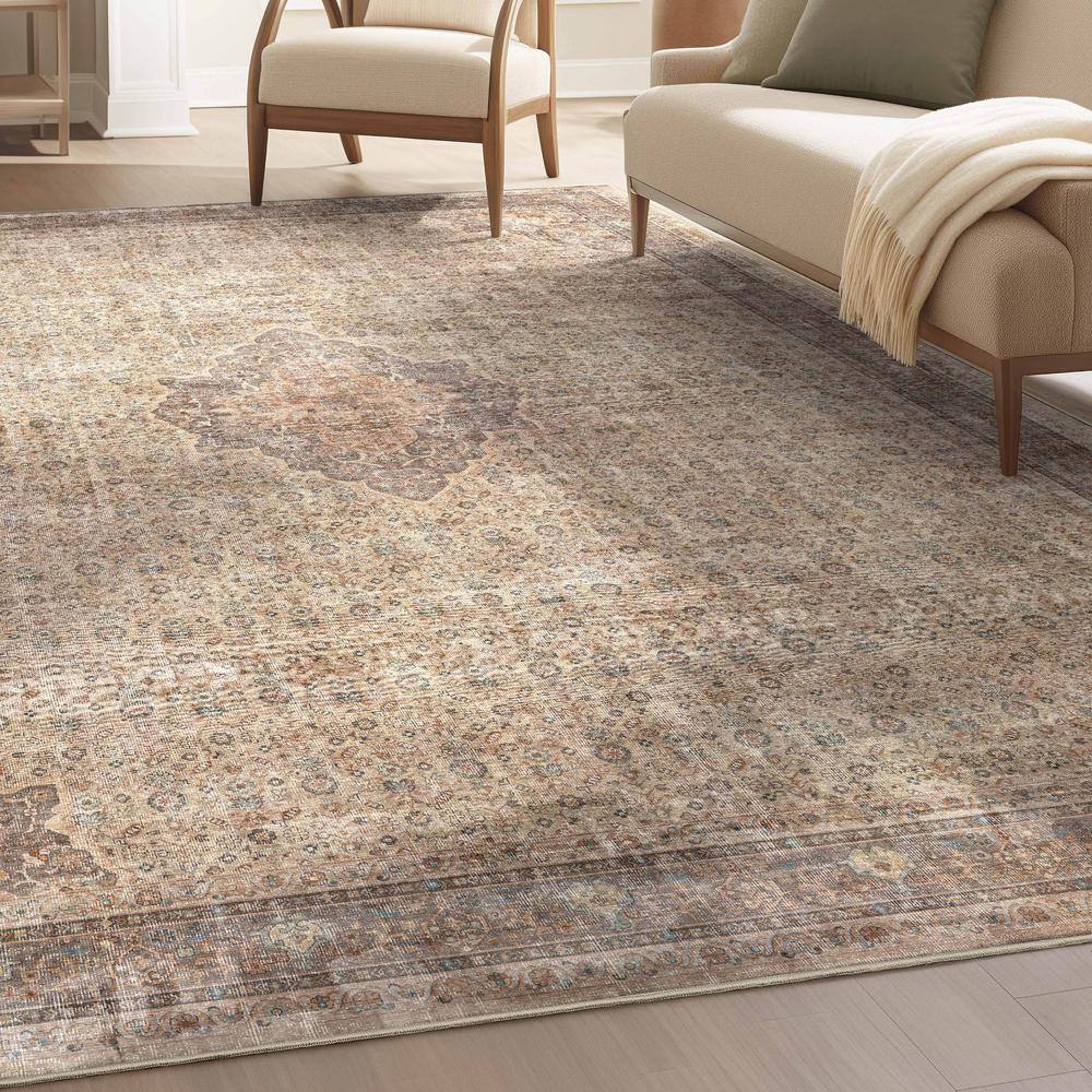 Beige Brown 5' x 7' Chenille Oriental Washable Rug