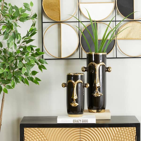Novogratz 16 in., 11 in. Black Ceramic Face Decorative Vase with Gold Details (Set of 2)