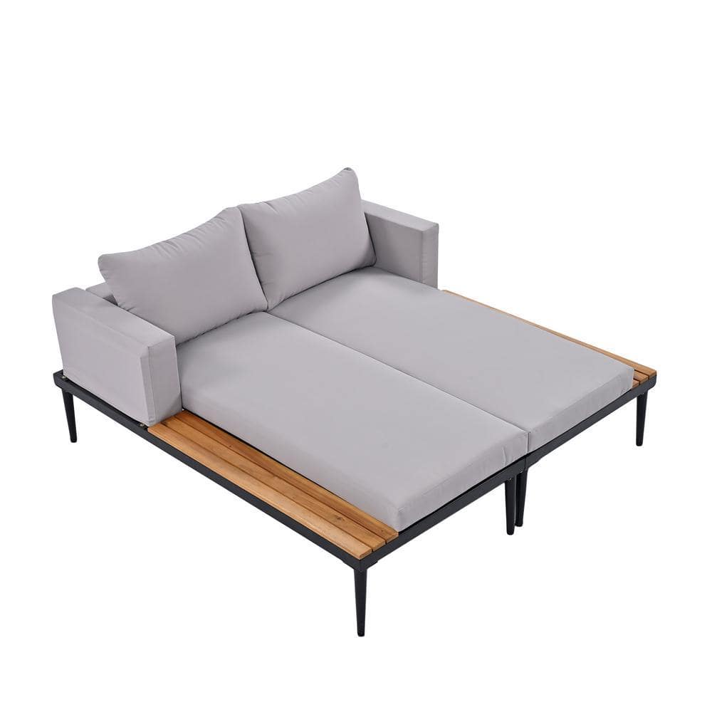 Modern Metal Patio Outdoor Day Bed Daybed with Gray Cushions and Wood Topped Side Spaces for Drinks