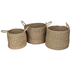 Round Natural Beige Seagrass Table and Floor Baskets (Set of 3)
