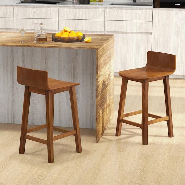 24.5 in. Brown Wood Bar Stools with Solid Back and Seat Mid Century Bar Chairs (Set of 2）
