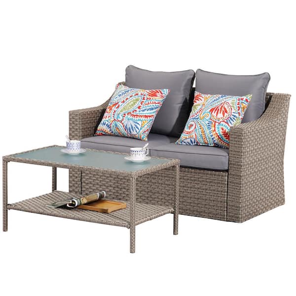 Sudzendf 2-Piece Wicker Patio Conversation Set with Gray Cushions, Double Sofa and Coffee Table