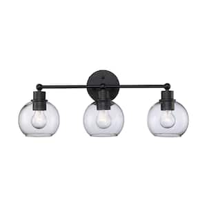 Grand 23.5 in. 3-Light Black Bathroom Vanity Light Fixture with Clear Glass Globe Shades