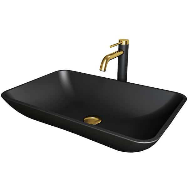 MatteShell Rectangular Vessel Bathroom Sink in Black and Lexington cFiber Faucet in Matte Gold/Matte Black