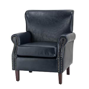 Enzo Traditional Comfy Vegan Leather Solid wood Legs Armchair with Nailhead Trim For Livingroom and Office - Navy