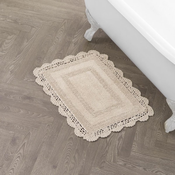 Crochet Light Gray/Green 17 in. x 24 in. Solid 100% Cotton Bath Rug