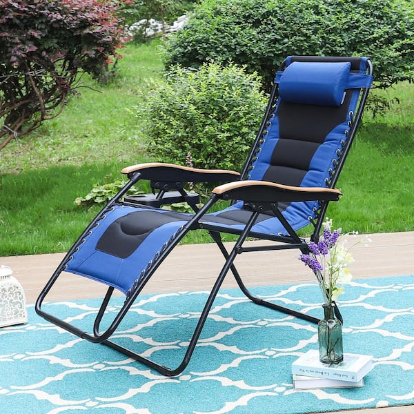 Phi Villa Adjustable Black Metal Outdoor Recliner with Green Cushions