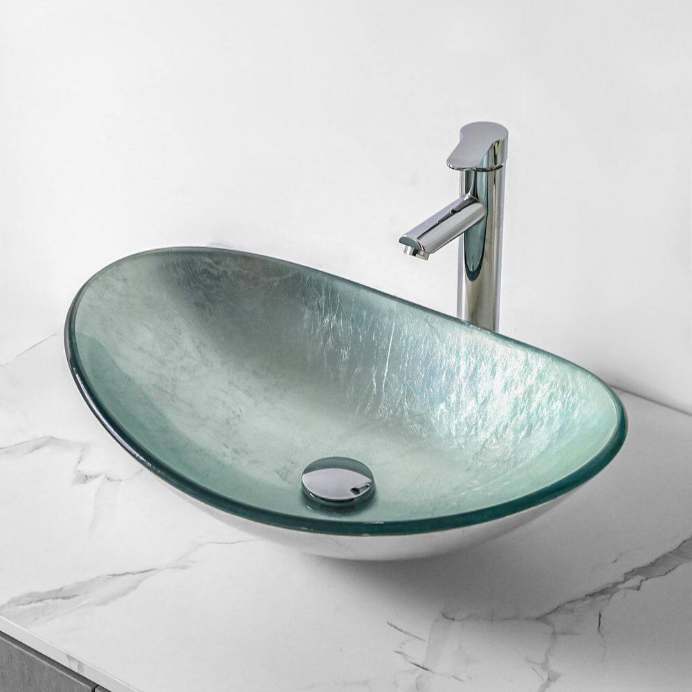 21-1/2 in. Tempered Silver Boat Shaped Bathroom Vessel Sink with Drain price history on PriceWatchPro