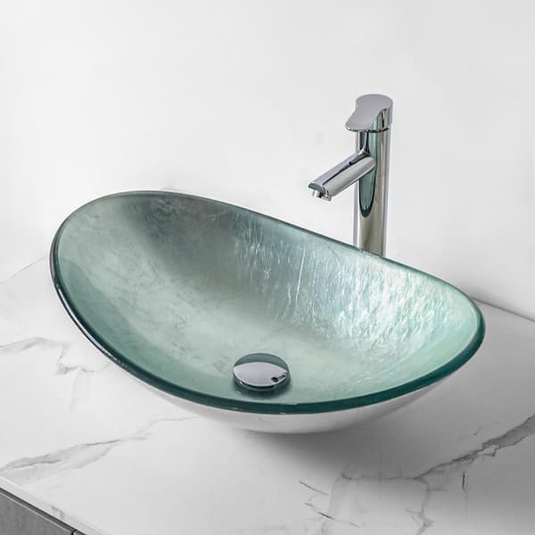 21-1/2 in. Tempered Silver Boat Shaped Bathroom Vessel Sink with Drain