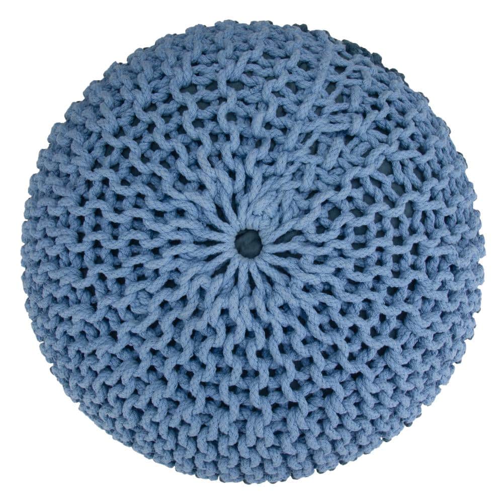 Hand-Knitted Blue Cotton Round Pouf with Polystyrene Filling