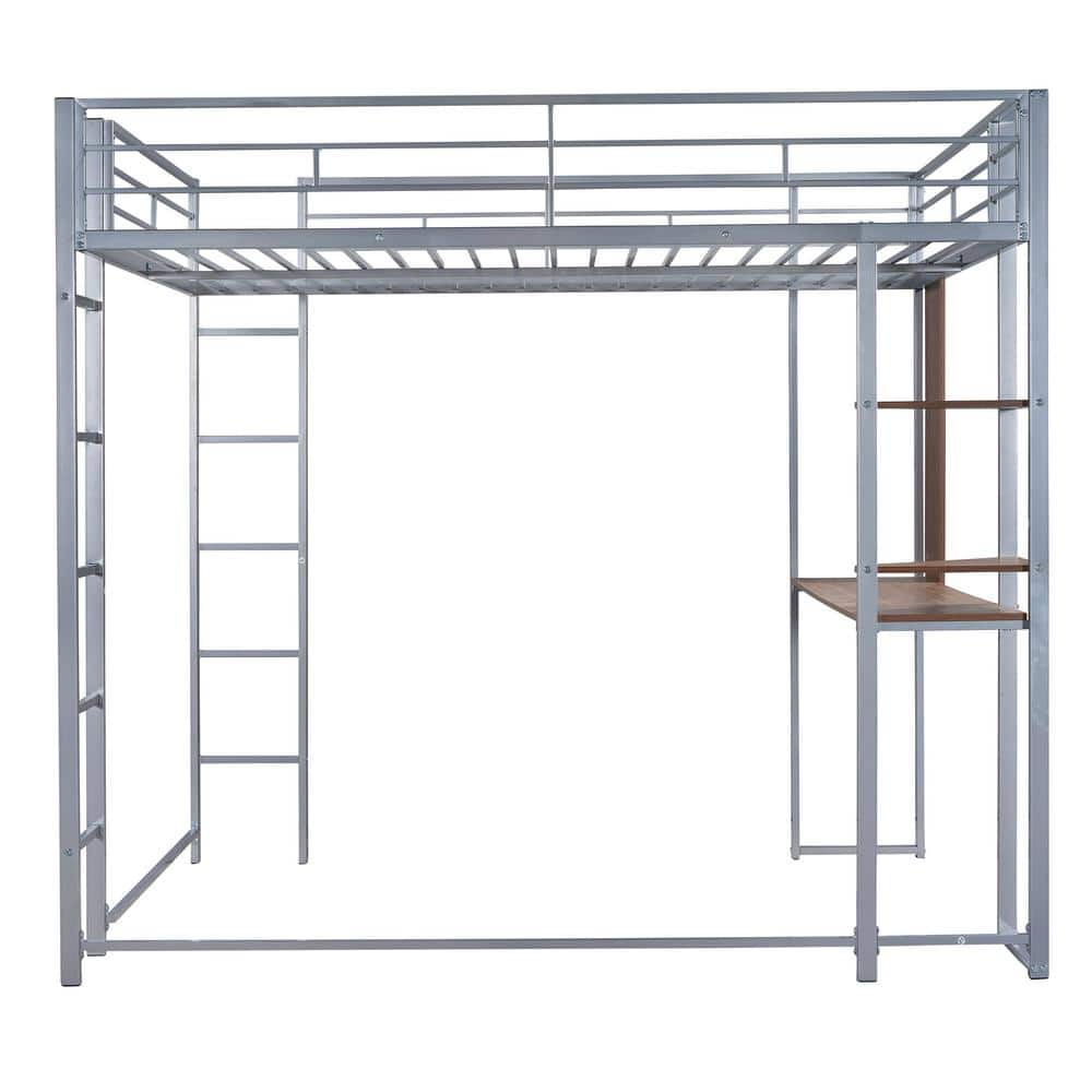 Siavonce Full Size Metal Loft Bed with 2 Shelves and one Desk, Silver ...