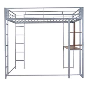Full Size Metal Loft Bed with 2 Shelves and one Desk, Silver