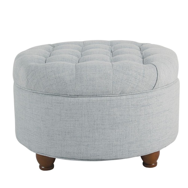 Benjara Light Blue Fabric Upholstered Wooden Ottoman with Tufted Lift Off Lid Storage 25" L x 25" W x 15" H