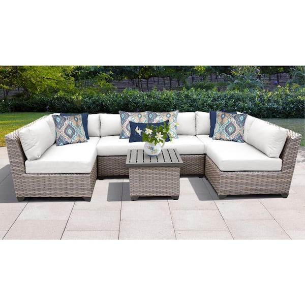 Florence 7-Piece Wicker Outdoor Sectional Seating Group with White Cushions