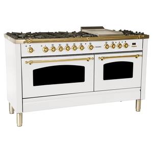 60 in. 6 cu. ft. Double Oven Dual Fuel Italian Range with True Convection, 8 Burners, Griddle, Brass Trim in White