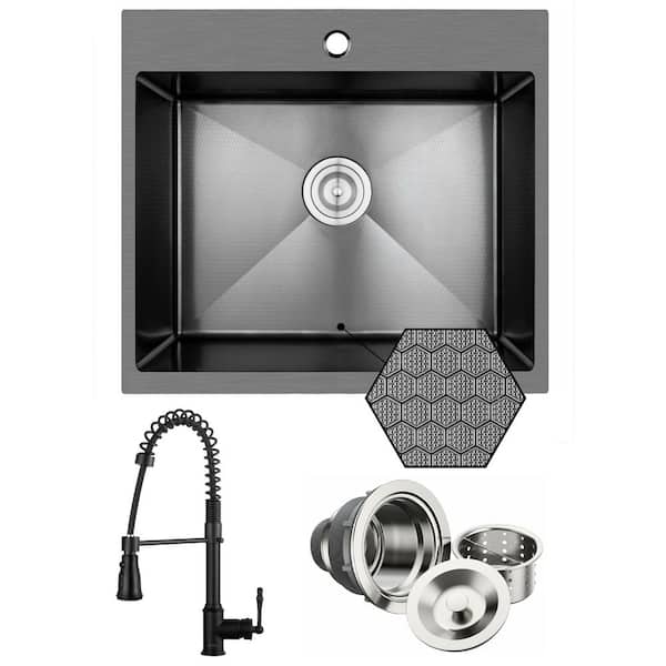 HEX 25 in. Drop-in Single Bowl Gunmetal Black Stainless Steel Kitchen Sink with Faucet