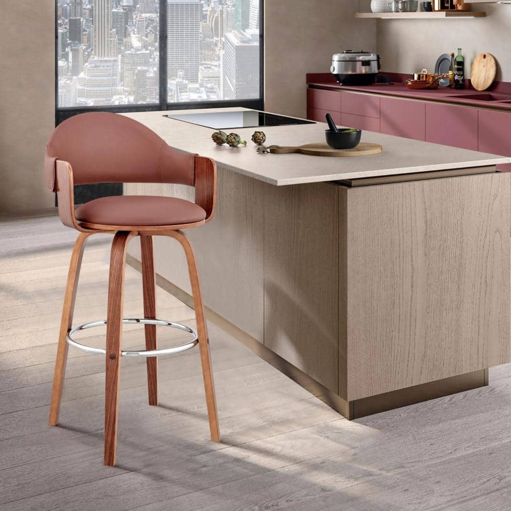 Daxton 30" Contemporary Brown Faux Leather & Walnut Swivel Bar Stool