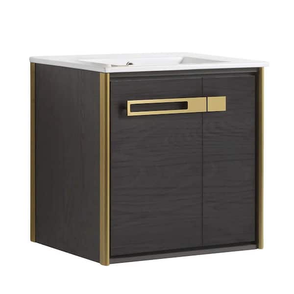 FINE FIXTURES Oakville 24 in. W x 18 in. D x 23.25 in. H Wall Mounted Bathroom Vanity in Black Coal Oak with White Ceramic Sink Top
