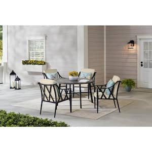Harmony Hill 5-Piece Black Steel Outdoor Patio Dining Set with CushionGuard Putty Tan Cushions
