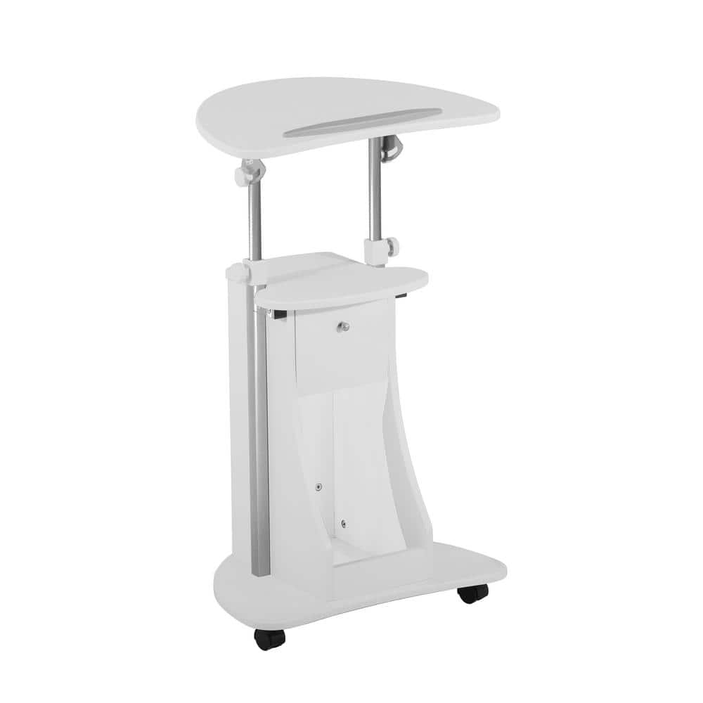 White Adjustable Height Rolling Laptop Cart with Storage Cabinet