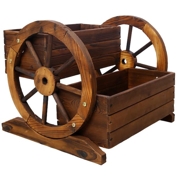 Runesay 17 in. W Brown Decorative Wooden Wagon Planter Box with Wheels for Flowers Herbs Vegetables