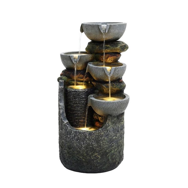 Gray 4-Bowl and 5-Tier 2.1 ft. Tall Outdoor Polyresin Cascade Fountain with Lights