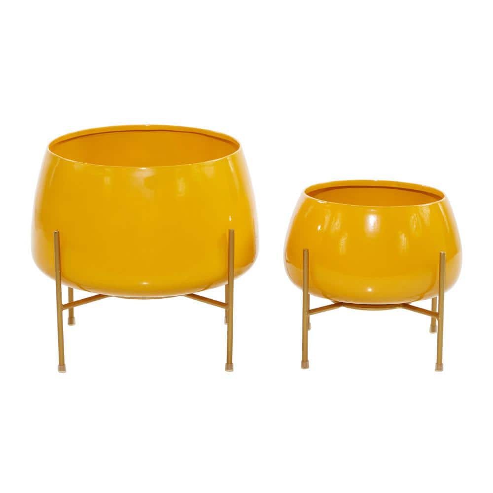 Set of 2 Yellow Metal Planters with Stands