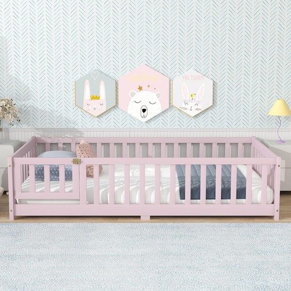 Pink Wood Twin Size Floor Platform Bed with Fence and Door
