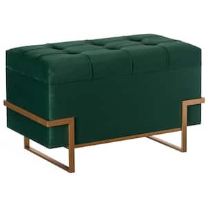 Green Large Rectangle Velvet Storage Ottoman Stool Box with Abstract Golden Legs, Decorative Sitting Bench