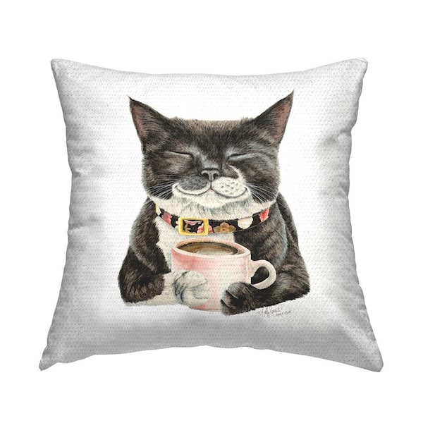Stupell Industries Manx Cat Drinking Coffee Multi-Color Square Outdoor Throw Pillow