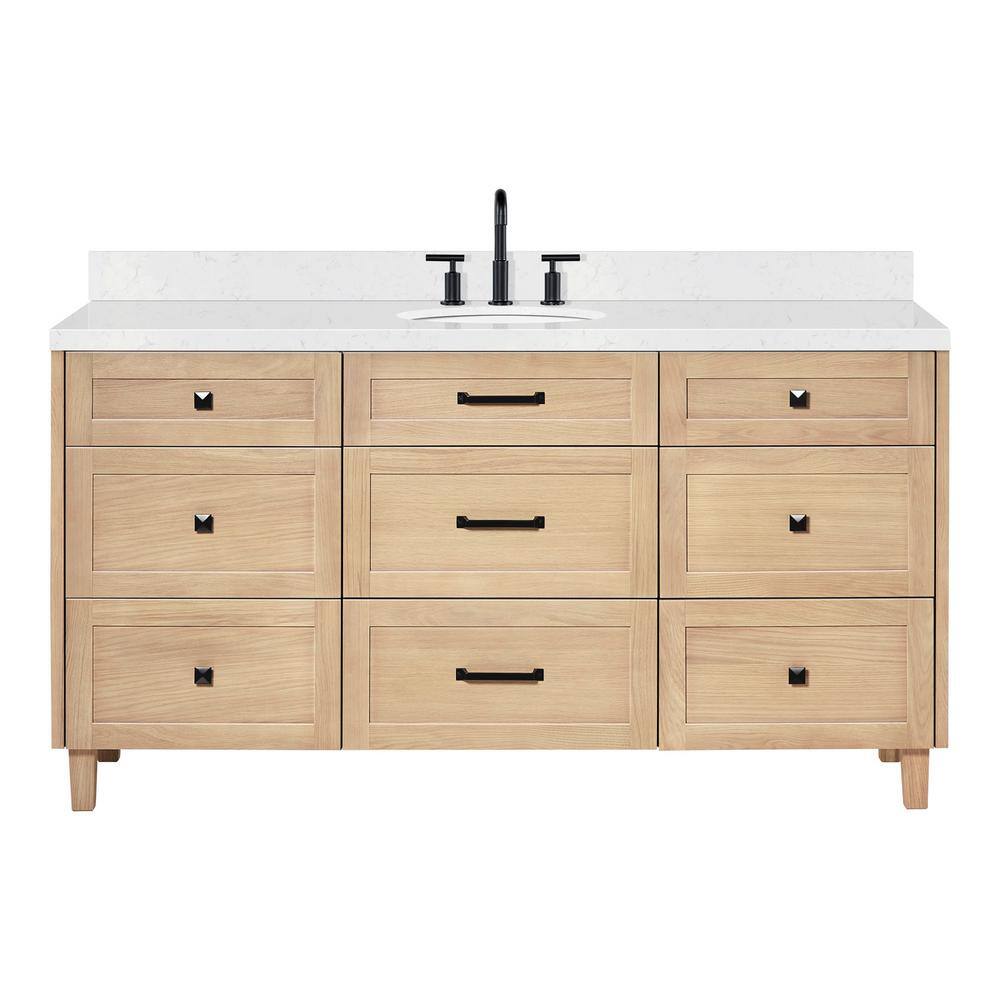 Monroe 66" Light Oak Freestanding Vanity with Carrara Quartz Top