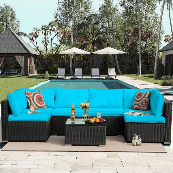 Cesicia 7-Piece PE Wicker Outdoor Sectional Sofa Set Patio Conversation Set with Blue Cushions