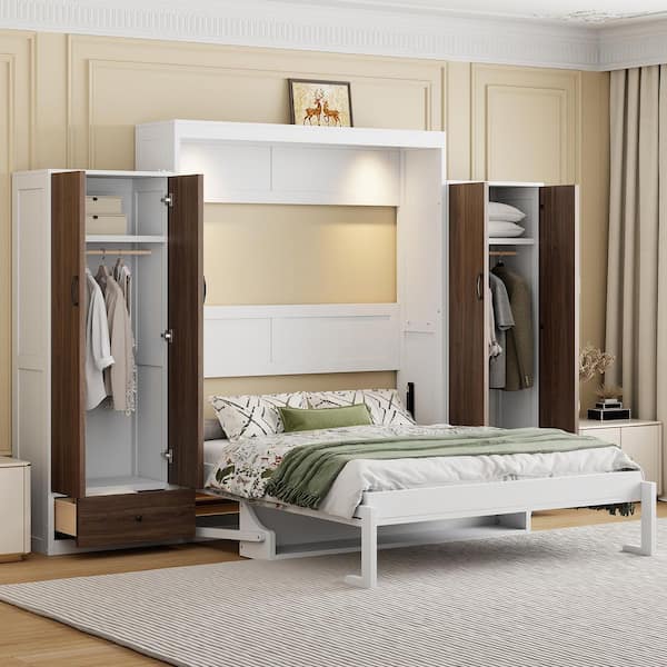 Harper & Bright Designs White Wood Frame Full Size Murphy Bed Wall Bed with Closet, Drawers and Table