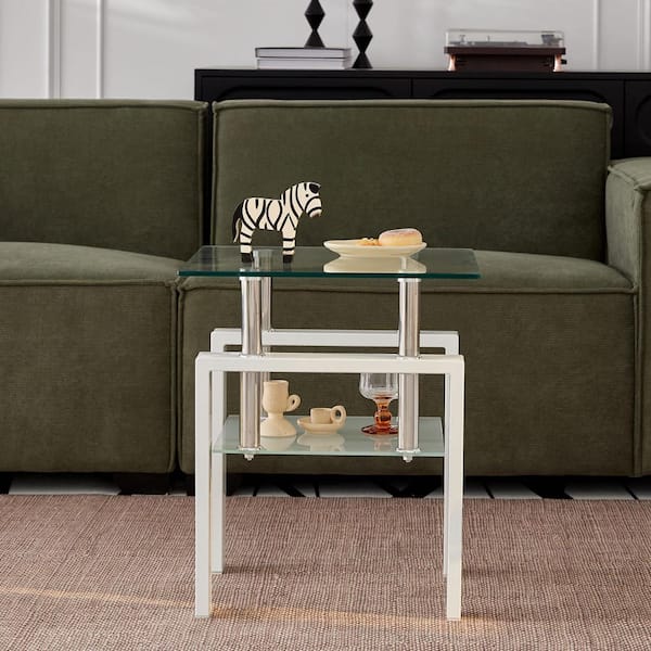 Zeus & Ruta White Tempered Clear Glass End Table, 2-Layers Zeus & Ruta White Tempered Clear Glass End Table, 2-Layers