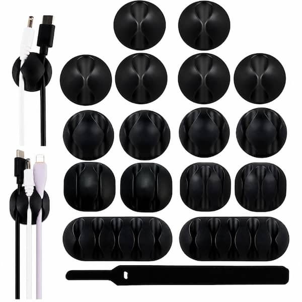 Adhesive Cable Clips and Organizer Strips Set, 16 Black Cord Holders Plus 10 Wire Strips for Home, Office, Car