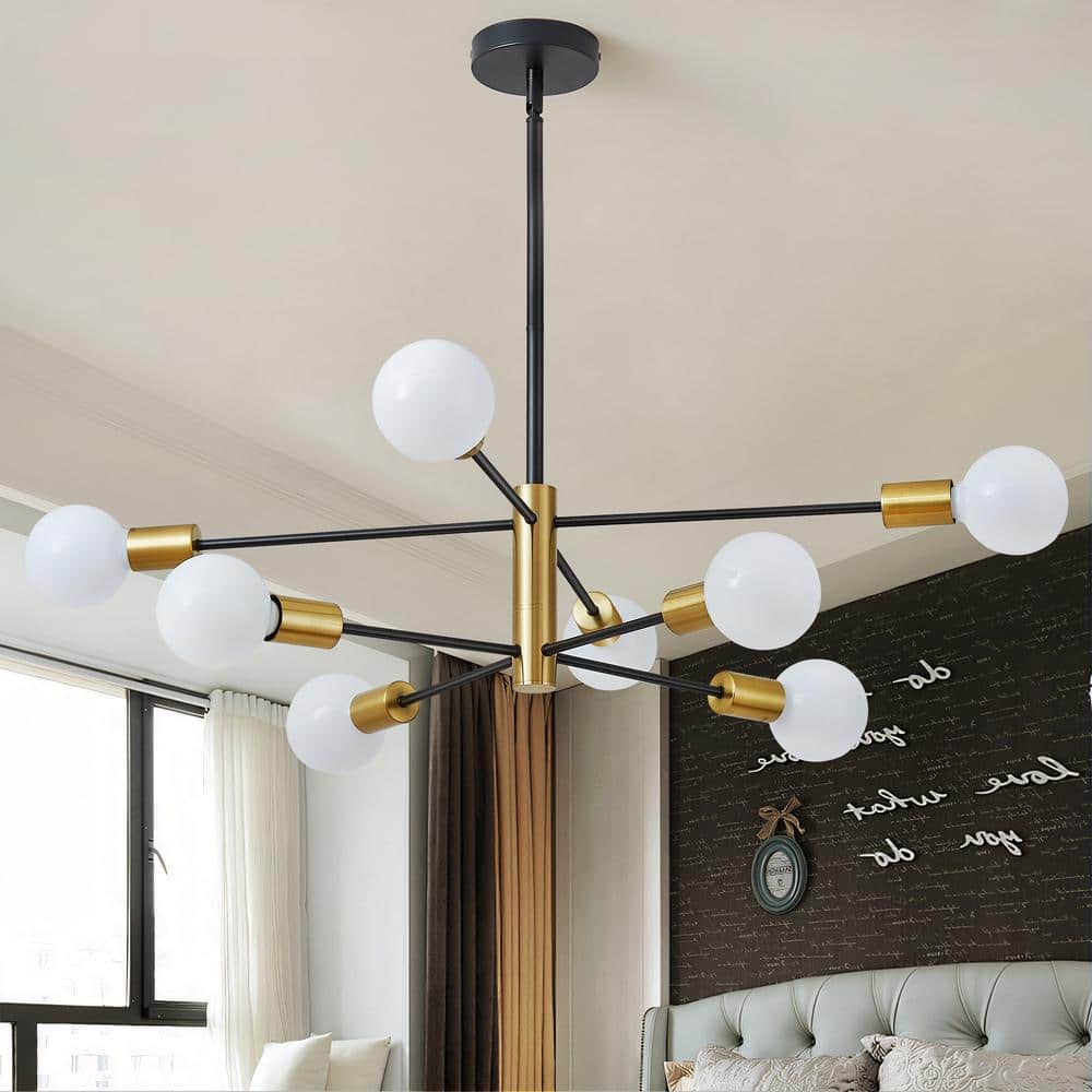 Black and Gold 8-Light Sputnik Chandelier with Adjustable Height
