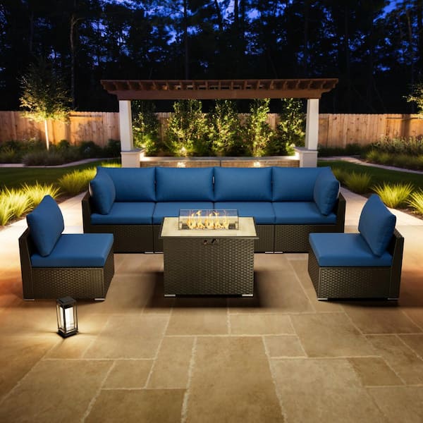 eVita 7-Piece Outdoor Wicker Patio Conversation Seating Set with Propane Fire Pit Table Without Ottoman (Royal Blue Cushion)