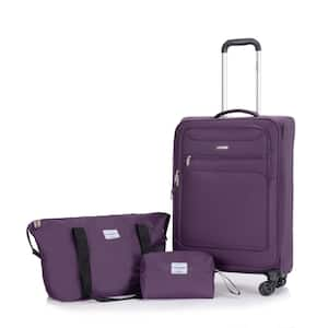 3-Piece Purple Terylene Polyester Softshell Spinner Luggage Set with Travelbag and Toiletry Bag