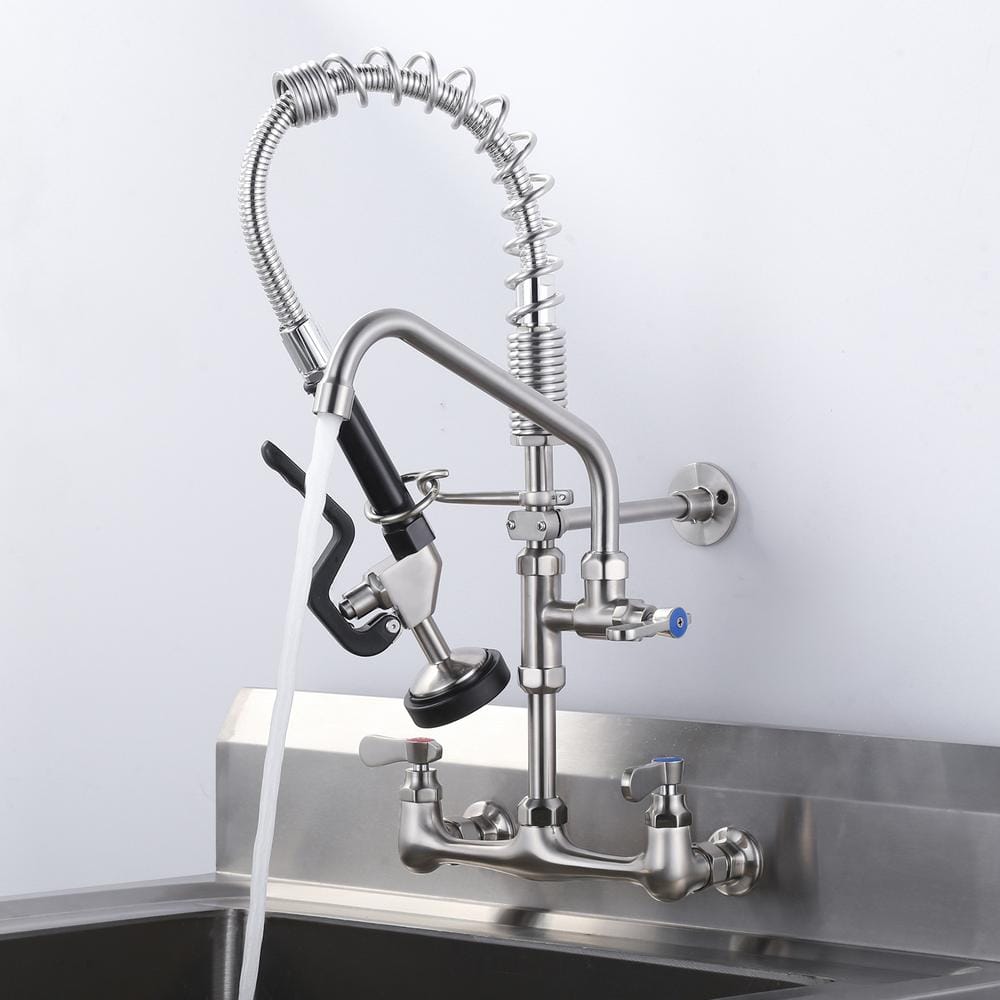 Brushed Nickel 21" Wall Mount Commercial Kitchen Faucet with Pull-out Spray