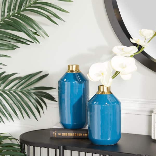 Litton Lane Blue Metal Decorative Vase with Gold Rims (Set of 2)