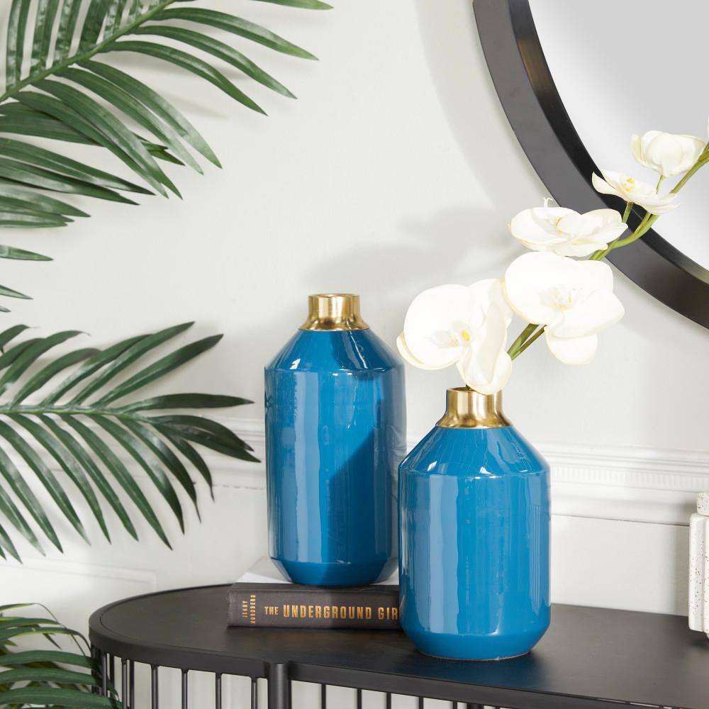 Blue and Gold Metal Vase Set with Round Design