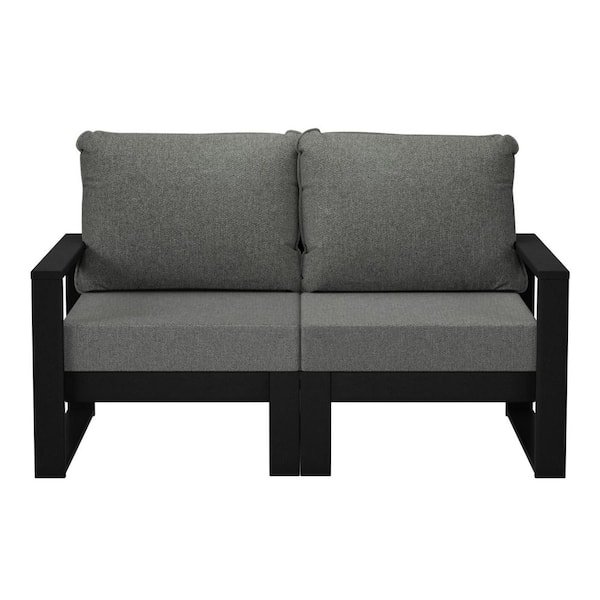 Endless Black Frame HDPE Plastic Outdoor Patio Modern Modular Loveseat with Gray Cushions