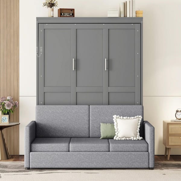 Harper & Bright Designs Space-Saving Gray Wood Frame Queen Murphy Bed Wall Bed, Converts to Sofa with Cushion