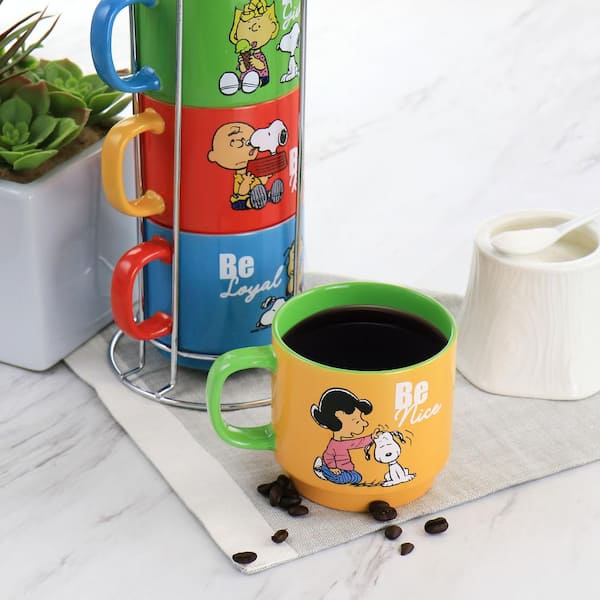 Peanuts Classic Gentle Reminders 4-Piece Stoneware Stackable Mug Set with Metal Stand in Assorted Colors