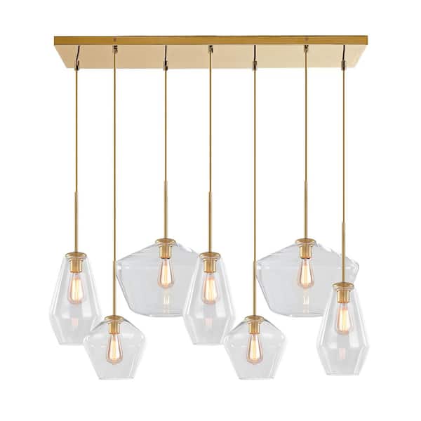 HUOKU 7-Light Vintage Gold Cluster, Cylinder, Linear, Rectangle Geometric, Island, Shaded Chandelier with Unique Clear Glass
