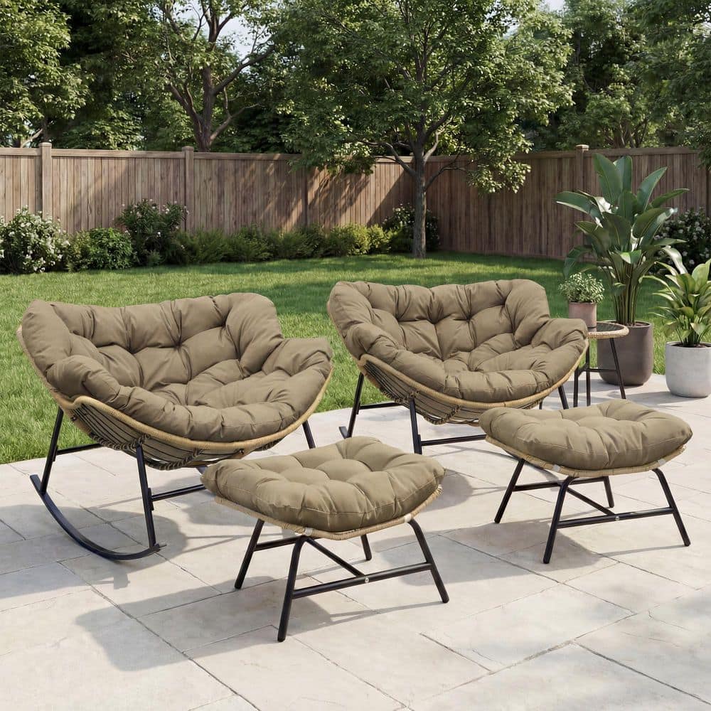 Unbranded Oversized PE Wicker Outdoor Rocking Chair Patio Papasan Chair Rocker with Brown Cushion and Ottoman (4-Piece) HD-RC-BR-NRT-1035-FR-2P