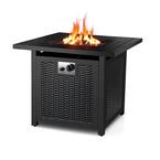 Nepton 28 in. Square Outdoor Black Rattan Style Powder Coated Steel Propane Fire Pit Table with Lava Rock
